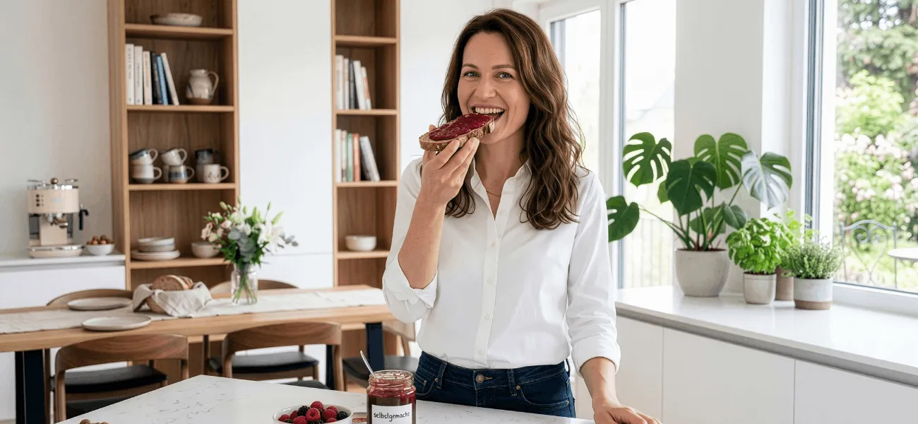 Scheibe Brot mit rotem Fruchtaufstrich bestrichen